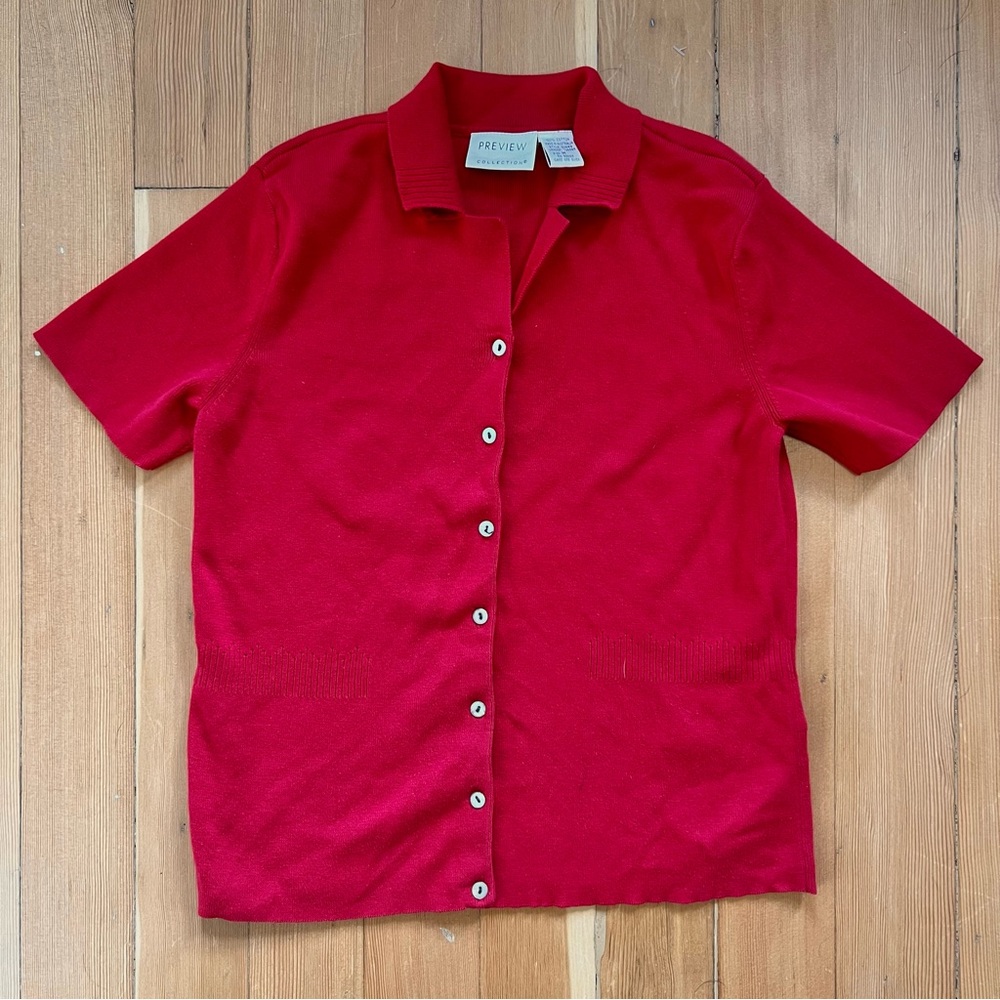 2010s red button up short sleeve cardigan M